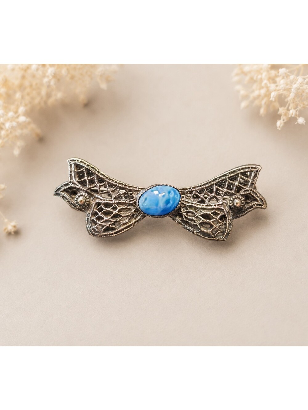 VINTAGE Silvertone Bow Brooch with Blue Oval Center, 1 5/8" Width